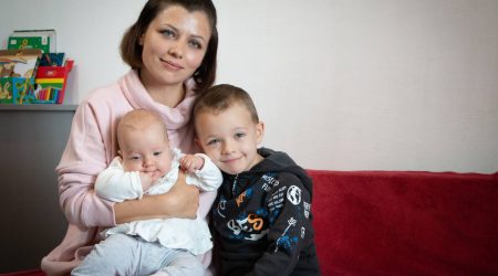Krystyna with her children, Matvi (6) and Elonora (4 mos) knows the winter is very challenging, so to get her children better winter clothing, cash assistance would be a big help.